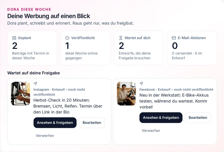Echte Wochenübersicht „Dora diese Woche“ im mekyn-Dashboard mit zwei Beiträgen, die auf Freigabe warten (Beispieldaten)
