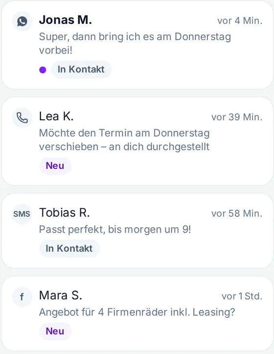 mekyn-Posteingang mit WhatsApp, Anruf, SMS und Formular in einer Liste (Beispieldaten)