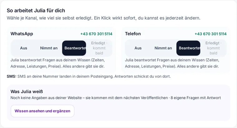 Einstellungen „So arbeitet Julia für dich“ im mekyn-Dashboard: Stufen je Kanal für WhatsApp und Telefon
