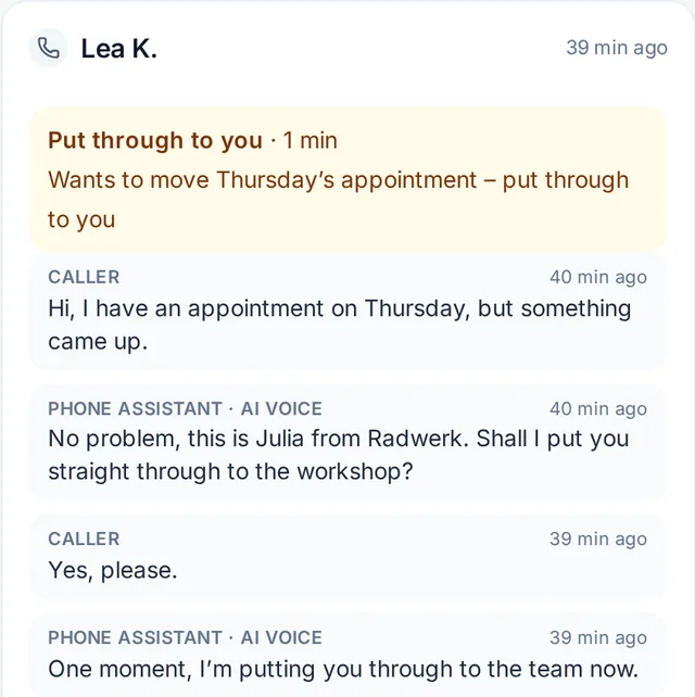Real call transcript in the mekyn inbox: Julia puts the caller through to the owner (example data)
