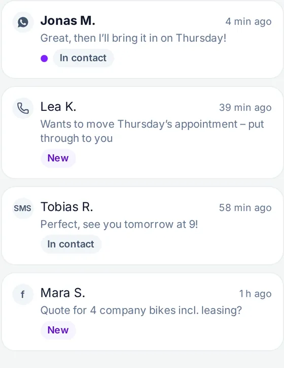 mekyn inbox with WhatsApp, call, SMS and form in one list (example data)