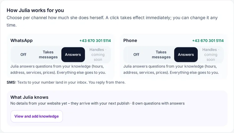 “How Julia works for you” settings in the mekyn dashboard: levels per channel for WhatsApp and phone