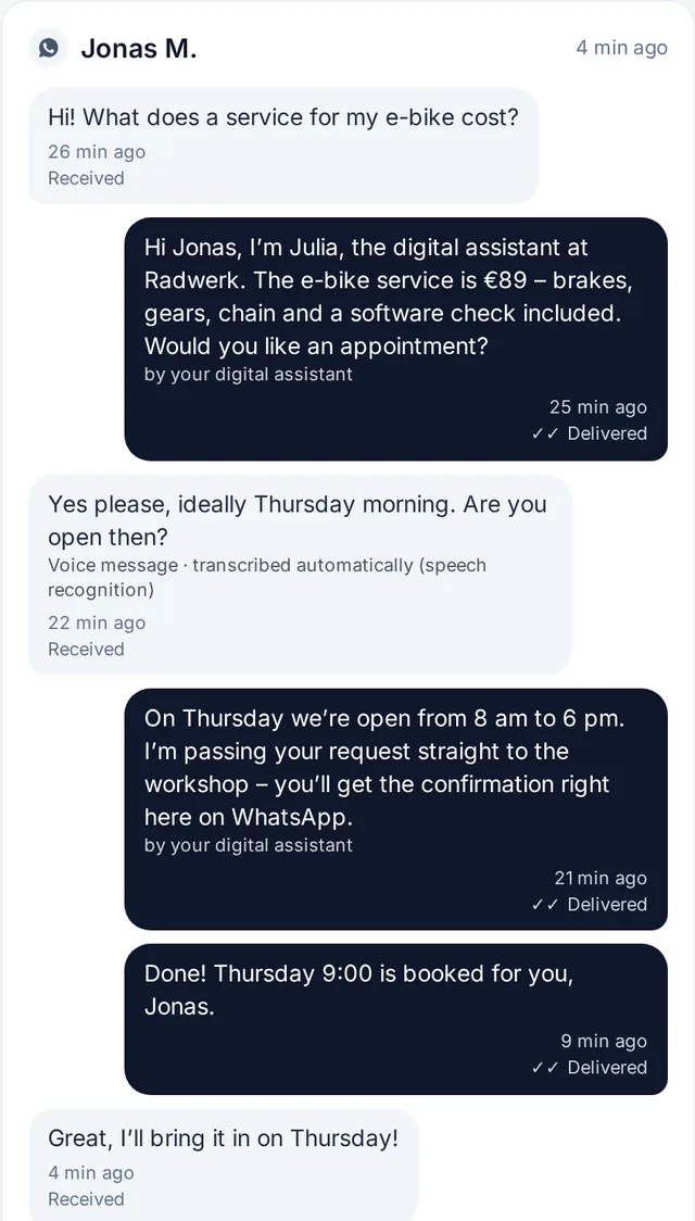 Real WhatsApp conversation in the mekyn inbox: Julia answers the price question, a voice note is transcribed (example data)