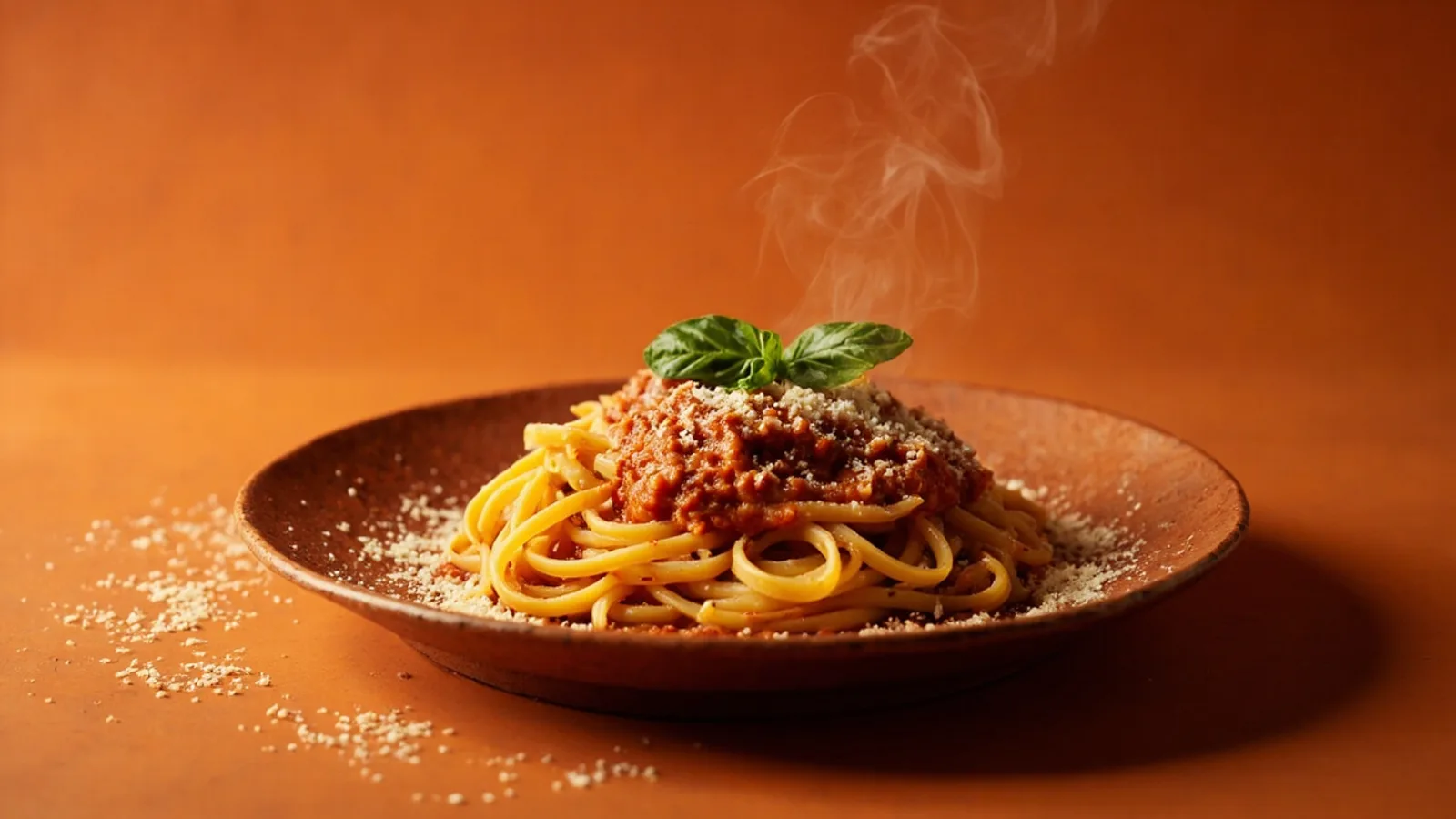 Dampfende Tagliatelle al ragù mit Basilikum auf warmem Terracotta