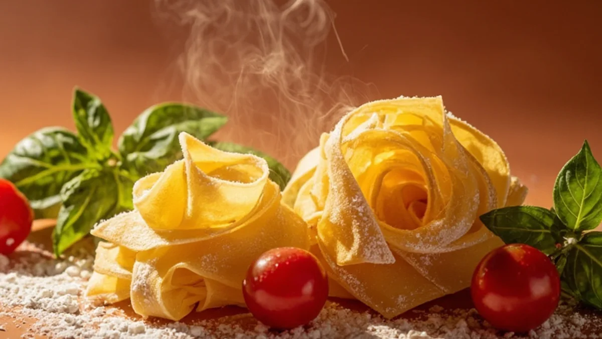 Frische Eierpasta, Datteltomaten und Basilikum, jeden Morgen frisch