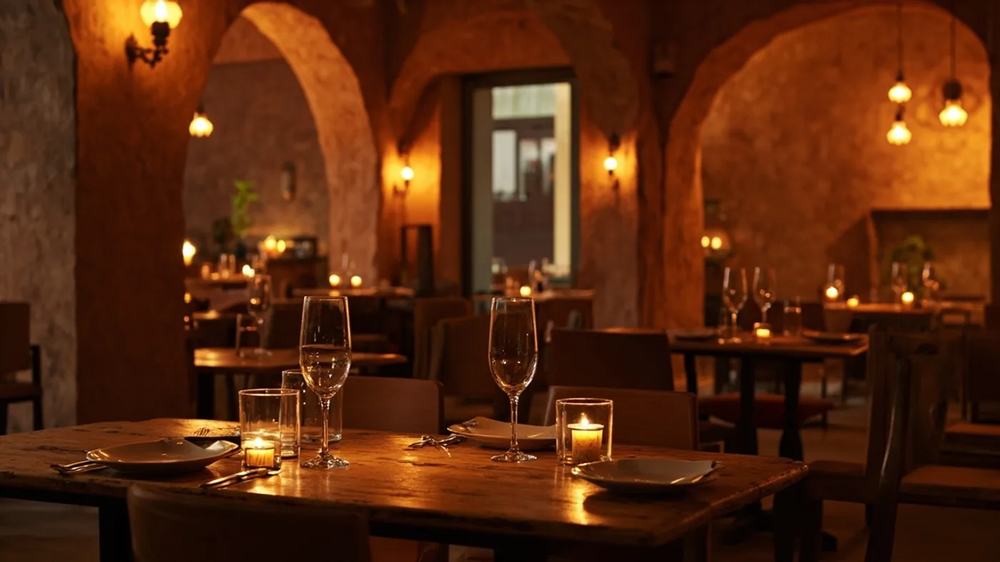 Warmes Interieur des Bistro Sole mit gedeckten Holztischen bei Kerzenlicht